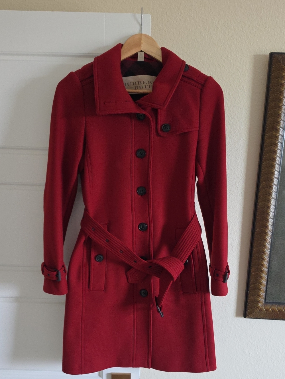Burberry Brit Red Wool Blend Belted Trench Coat